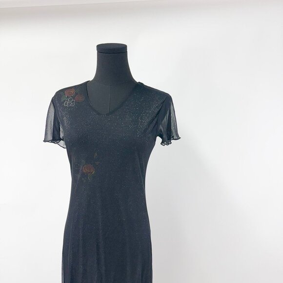 VINTAGE 90S STYLE LONG MESH MAXI DRESS SHIMMER WITH FLORALS - Picture 13 of 16